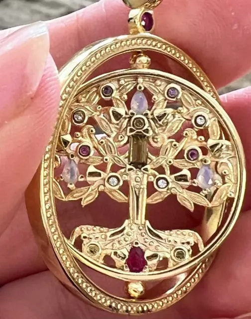 Natural Multi Gemstone Tree of Life SPINNER Necklace 14K Yell Gold on Solid 925