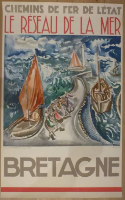 affiche originale ancienne chemin de fer Bretagne 1937 la mer rarissime