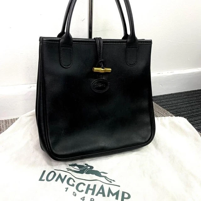 Authentic Longchamp Roseau Leather Handbag Tote Bag Top Handle Black