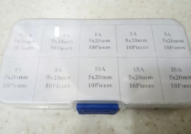 Kit 100 pezzi fusibili in vetro 5x20 rapidi assortiti 0.2A, 0.5A, 1A 2A ecc...
