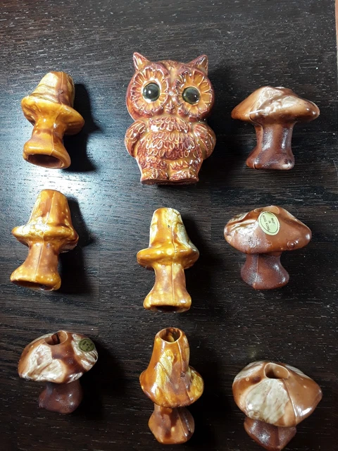 Vintage Macramé Ceramic Owl, Mushroom Bakelite Beads, Early 1970s (Unused/New)