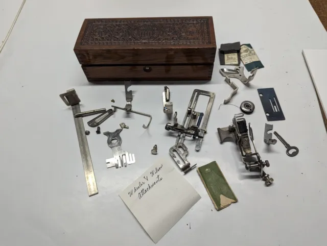 Vintage Wheeler & Wilson Sewing Machine Wooden Box Attachments Bobbins Key More