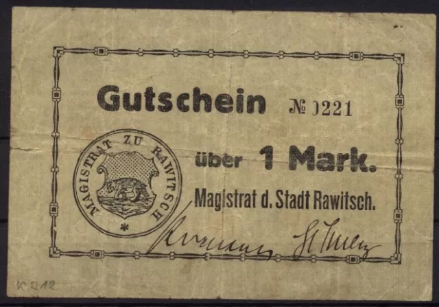 [14241] - NOTGELD RAWITSCH (heute: Rawicz), Stadt, 1 Mk, o. D. (1914). Dießner 3