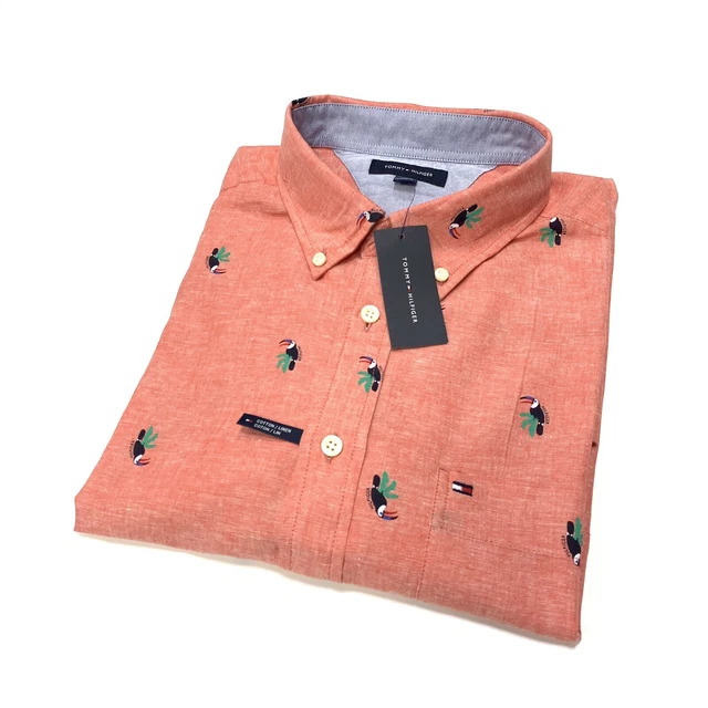 Tommy Hilfiger Camicia di lino Classic Fit Uomo In Corallo Esotico Taglia 2XL / 2TG