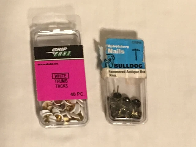 17 Bulldog Hammered Antique Brass Upholstery Nails & 35 Grip Fast Thumb Tacks