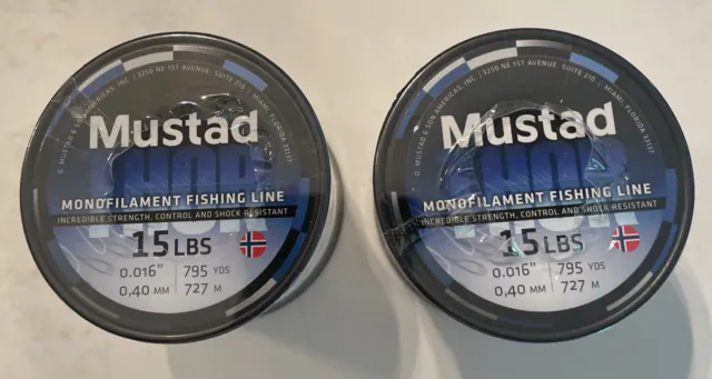 2- Mustad Premium Clear 15Lb Test Monofilament Fishing Line - 795 Yds Each New!!
