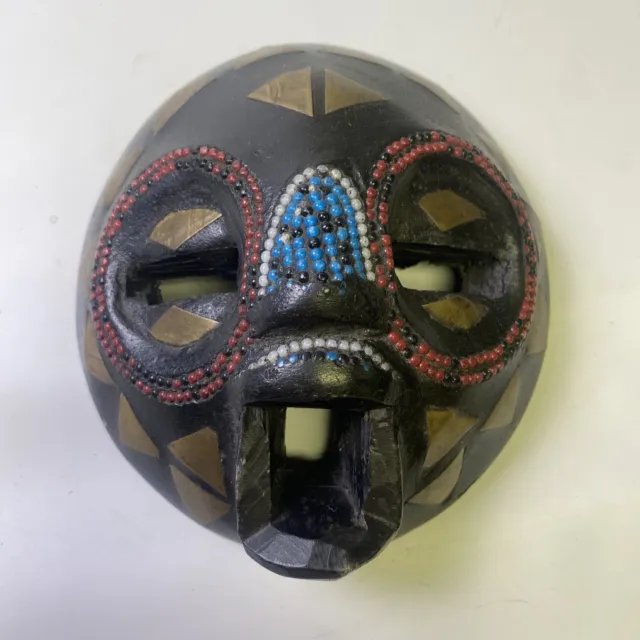 Ghana Carved Wood Mask Ceremonial Beaded w Brass Inlays African Tribal Mask