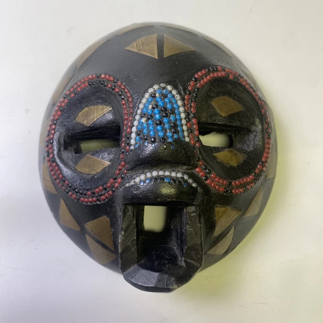 Ghana Carved Wood Mask Ceremonial Beaded w Brass Inlays African Tribal Mask