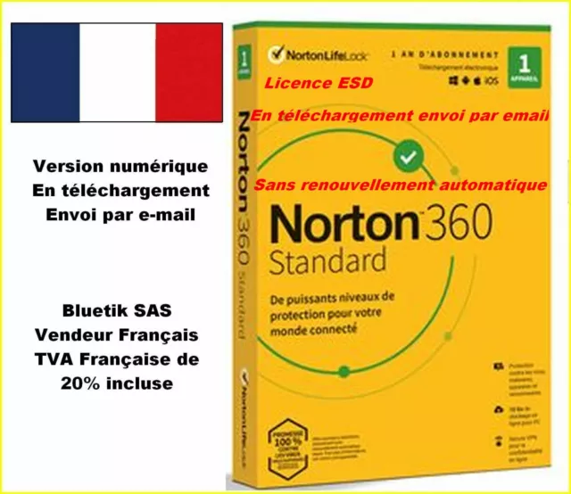 Sans CB - NORTON 360 STANDARD 2024 ESD 1 Appareil 1 AN 10GB CLOUD - par email