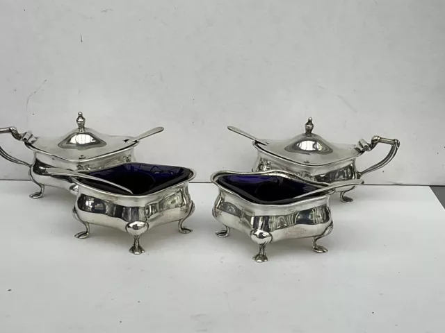 Excellent Solid Silver Set of 2 Salts & 2 Mustard Pots, Elkington & Co, 1909/10