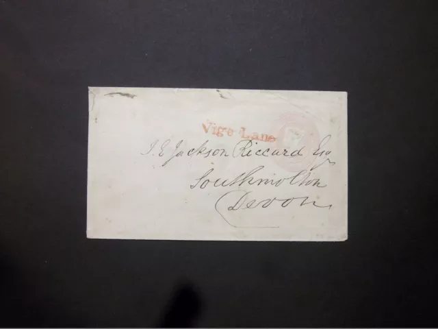 GB London Stationery 1846 QV 1d pink Envelope 'Vigo Lane' h/s as cancel to Devon