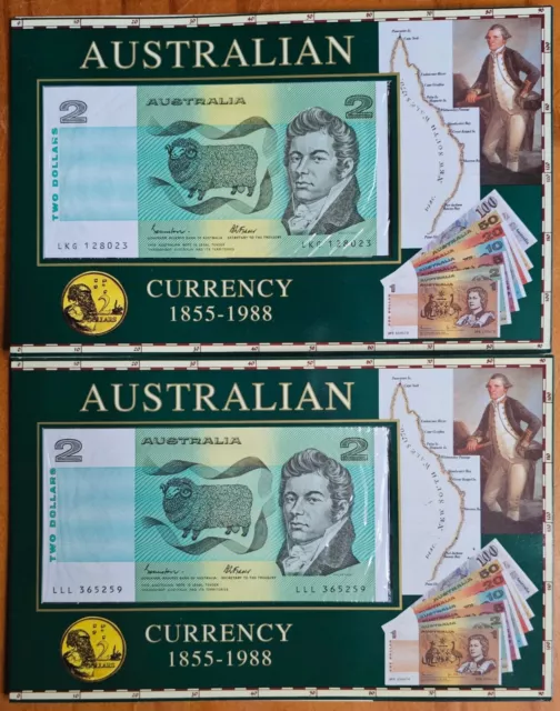 2x Australia 1985-88 Johnston/Fraser Last $2 Banknote & First Coin UNC Folders