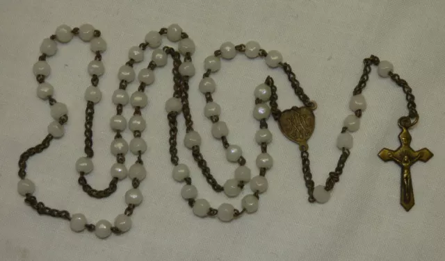 Antique Czech White Opaque Glass Bead Rosary Brass Crucifix Heart Medal Dainty