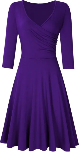 Womens Dress UK 8  Purple V Neck Wrap Around Look 3/4 Sleeve Flowing Skirt