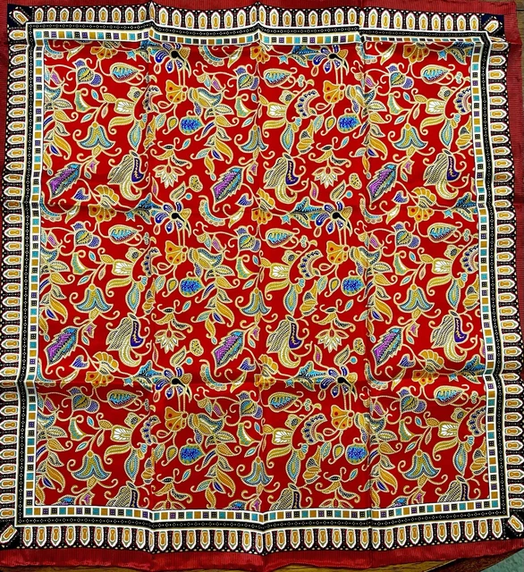LARGE SILK SCARF Singapore Red Batik Style 100 Hand Rolled 42" Square
