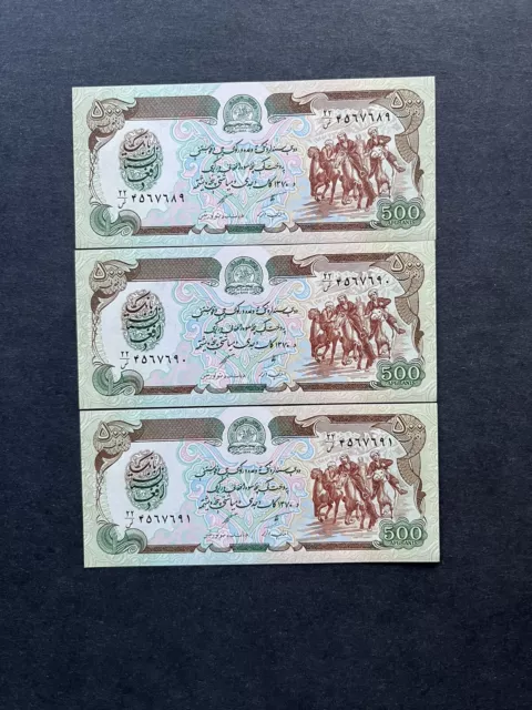 Afghanistan Banknotes Lot Of 3 SH1370 (1991) 500 Afghanis #60c UNC