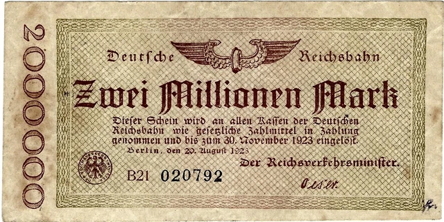 DEUTSCHE REICHSBAHN 2 Millionen Mark 1923 Berlin RVM-2a # 002-2b S1012a