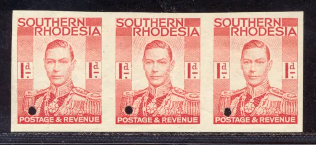 S.RHODESIA 1937 KGV WATERLOW PROOFS 1d IMPERFORATE STRIP X3 MNH  A824