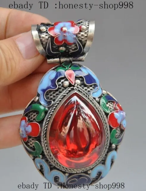 Collect Exquisite tibet silver Cloisonne Enamel Inlay red Gem flower pendant