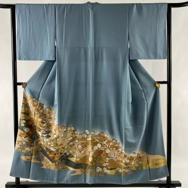 Woman Japanese Kimono Iro-Tomesode Silk Crest Oshidori Sakura Gold Foil Gray