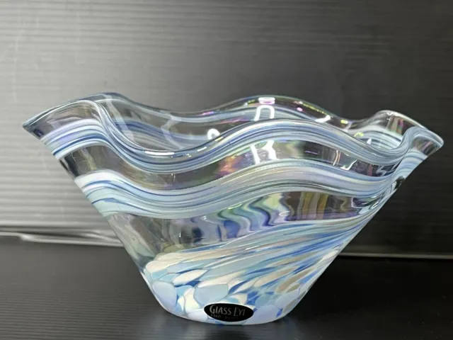 Glass Eye Studio Hand Blown Ruffled Blue & White Iridescent Swirl Bowl Dish