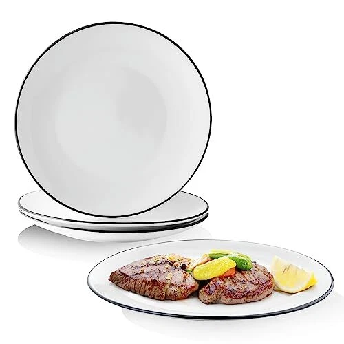 YOLIFE 10 inch Porcelain Dinner Plate Set of 4 Round White Plates with Black
