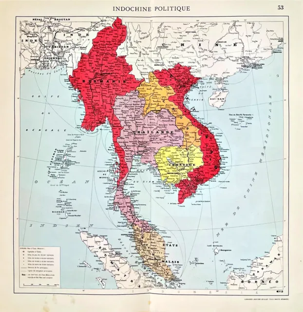 1951 Original Carte politique Indochine