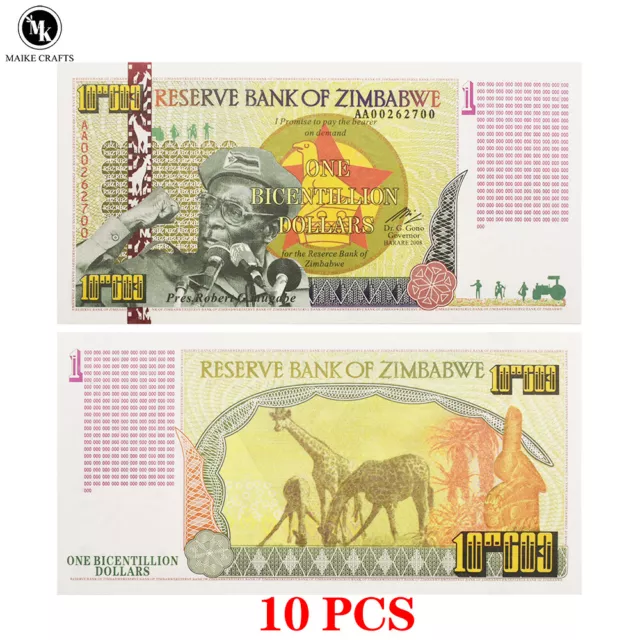 10pcs One Bicentillion Dollars Zimbabwe Banknote with Serial Number Paper Money