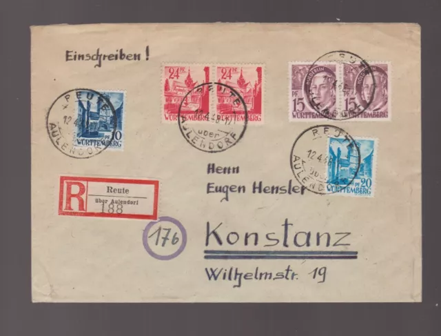 Brief franz. Zone Württemberg Mi.3, 2x 5, 7, 2x 8 per Einschreiben Reute über Au