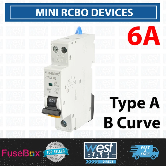 FUSEBOX RTAMB06 MINI RCBO DOUBLE POLE Circuit Breaker 6A B Curve 30mA ...