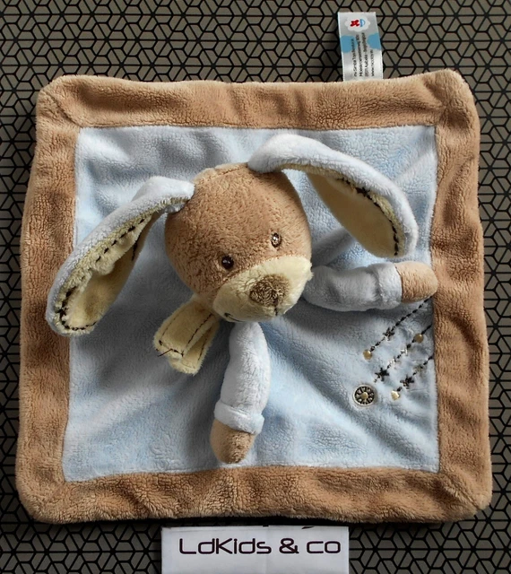 DOUDOU PELUCHE NICOTOY LAPIN CARRE PLAT Bleu Marron Echarpe Croix 22 cm - D1465