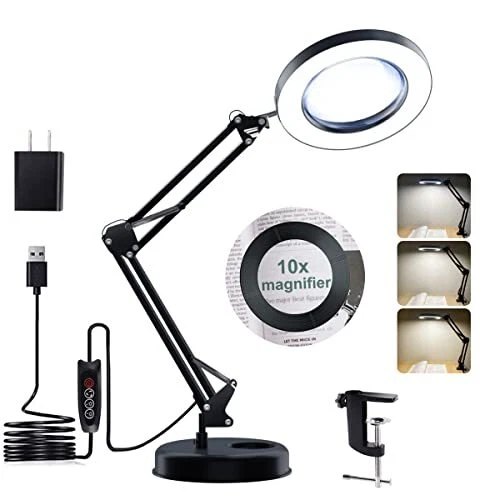 Magnifying Glass with Light and Stand, 10X Magnifying Lamp, 2-in-1 Base & Clamp