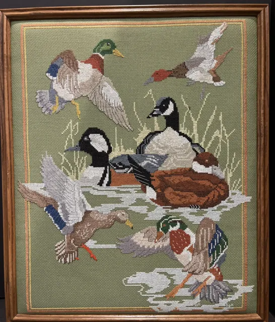 Vintage Needlepoint Ducks Waterfowl Crewel Gramed Nature Beautiful  18”h x 15”w