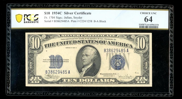 DBR 1934-C $10 Silver Fr. 1704 PCGS-Banknote 64 Serial B38629485A