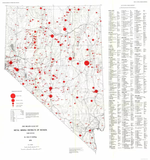 Mine Map - Nevada Metal Mining Districts  - Schilling 1976 - 23.00 x 24.56