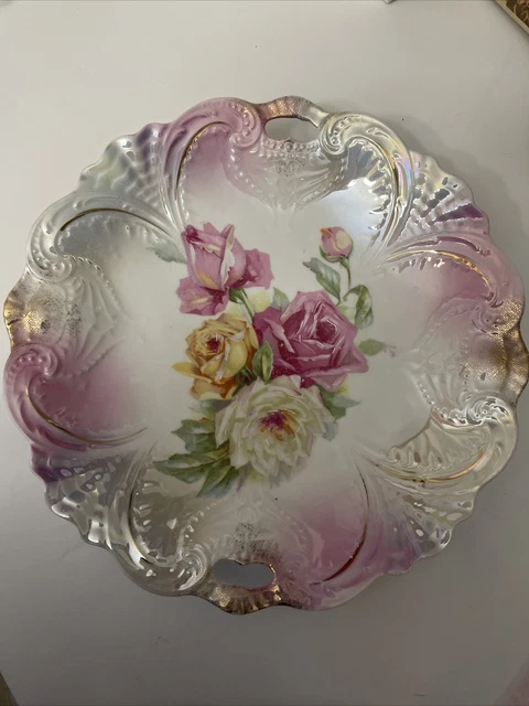 Bavaria T L Hand Painted Floral Pattern 9 1/2” Double Handle Porcelain Plate B01