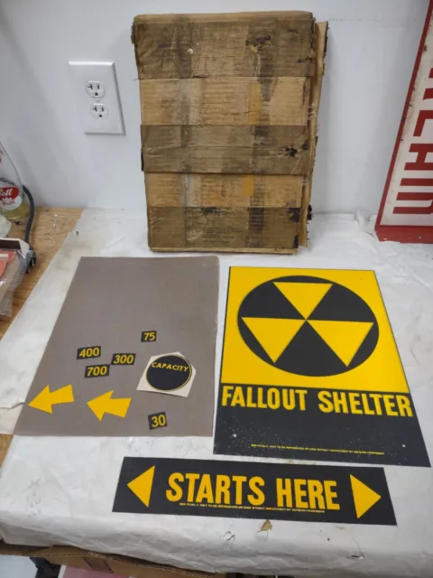 Vintage 1950 - 60's Fallout Shelter sign NOS - Overlays paper shipping box