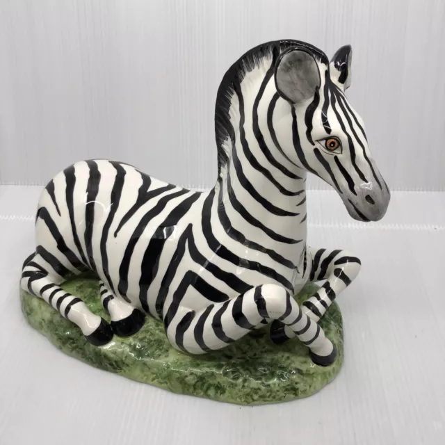 Large 12” Eximious Hand Painted Ceramic Sitting Zebra Figure Statue Made Italy