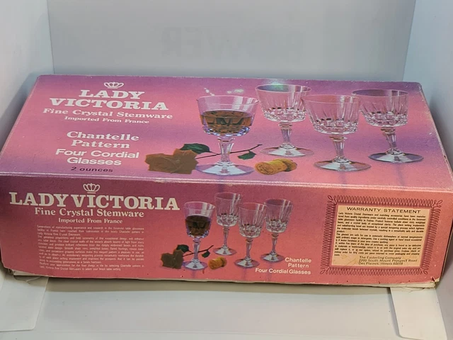 Vintage Lady Victoria Fine Crystal Stemware 4pc Cordial Glasses Box Set.