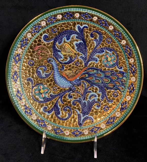 24K Gold Hand Painted Byzantine Green Style Decorative Peacock Plate 10 Inches