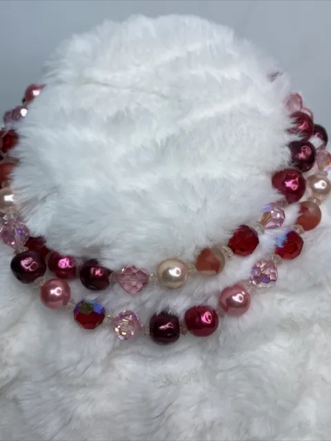 Vintage Vendome AB Red Pink Marble Glass Lucite Rhinestone Bead Choker Necklace