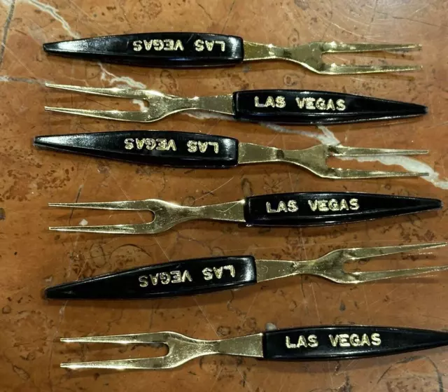 Las Vegas Bronze Plate Japan 4" Appetizer Cocktail Black Forks Lot 6 Mcm Euc