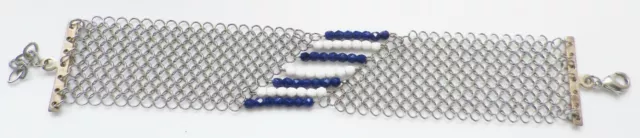 bracelet rétro large souple couleur argent maille perles cristal facette 642