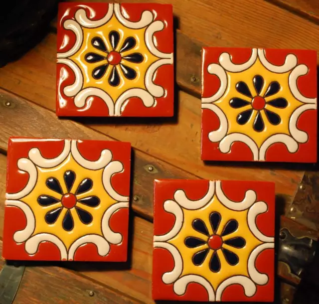 Matched Set Of 4 MEXICO TALAVERA POTTERY CERAMIC TILES Hand Made Trivet 4.25" Sq