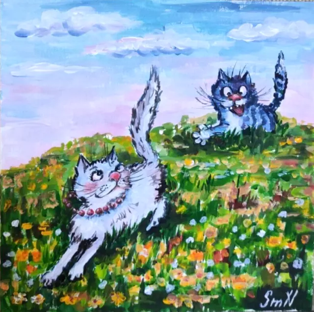 Original Art Two Whimsical Cats Portrait Pet Outsider Painting Animal Artwork