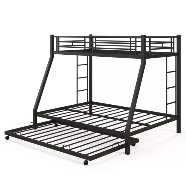 Twin Over Full Metal Bunk Bed With Trundle Slats Support for Teens Adults Black
