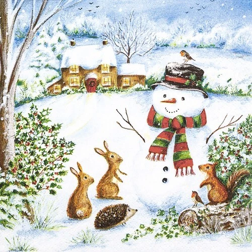20 Servietten 'Schneemann & Seine Freunde' – Winter & Weihnachten Motiv, 33x33 Cm, 3-lagig, Made In Germany
