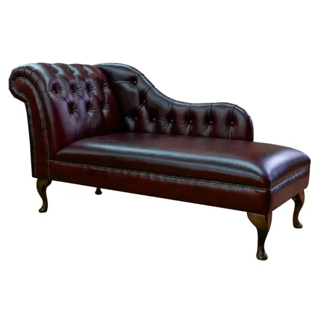 Chaise Longue Large Deep Buttoned Chesterfield 60" Sofa Oxblood Genuine Leather