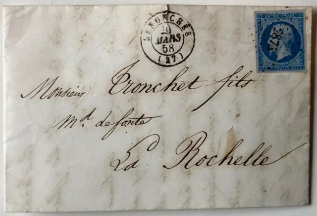 France lettre N°14Ae BLEU LILAS SENONCHE PC2875 29-3-1858 au dos CàD AMBULANTS
