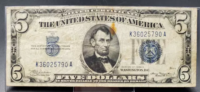 1934 A $5 Silver Certificate Blue Seal  Circulated